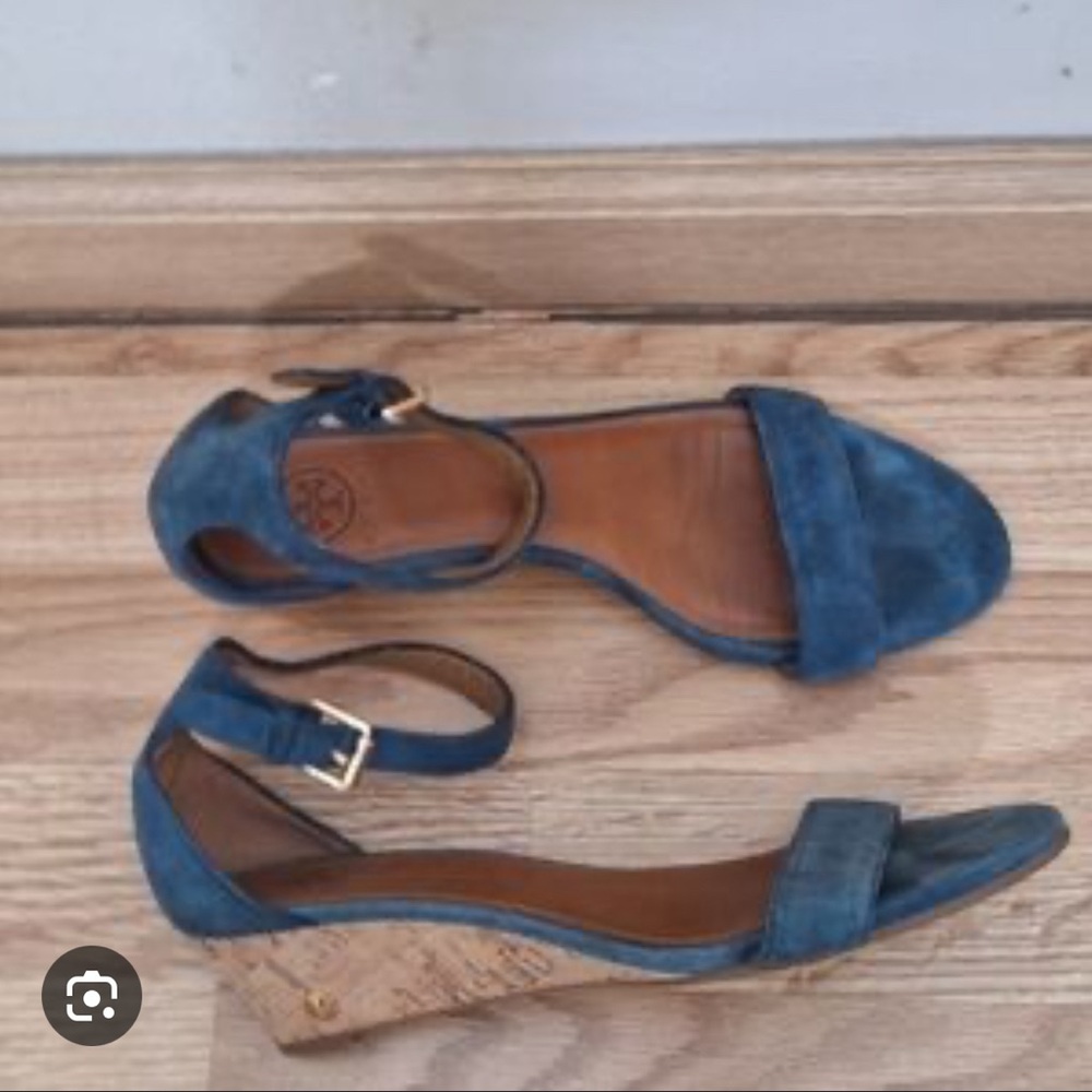 Tory Burch Navy Suede Cork Wedge Sandals